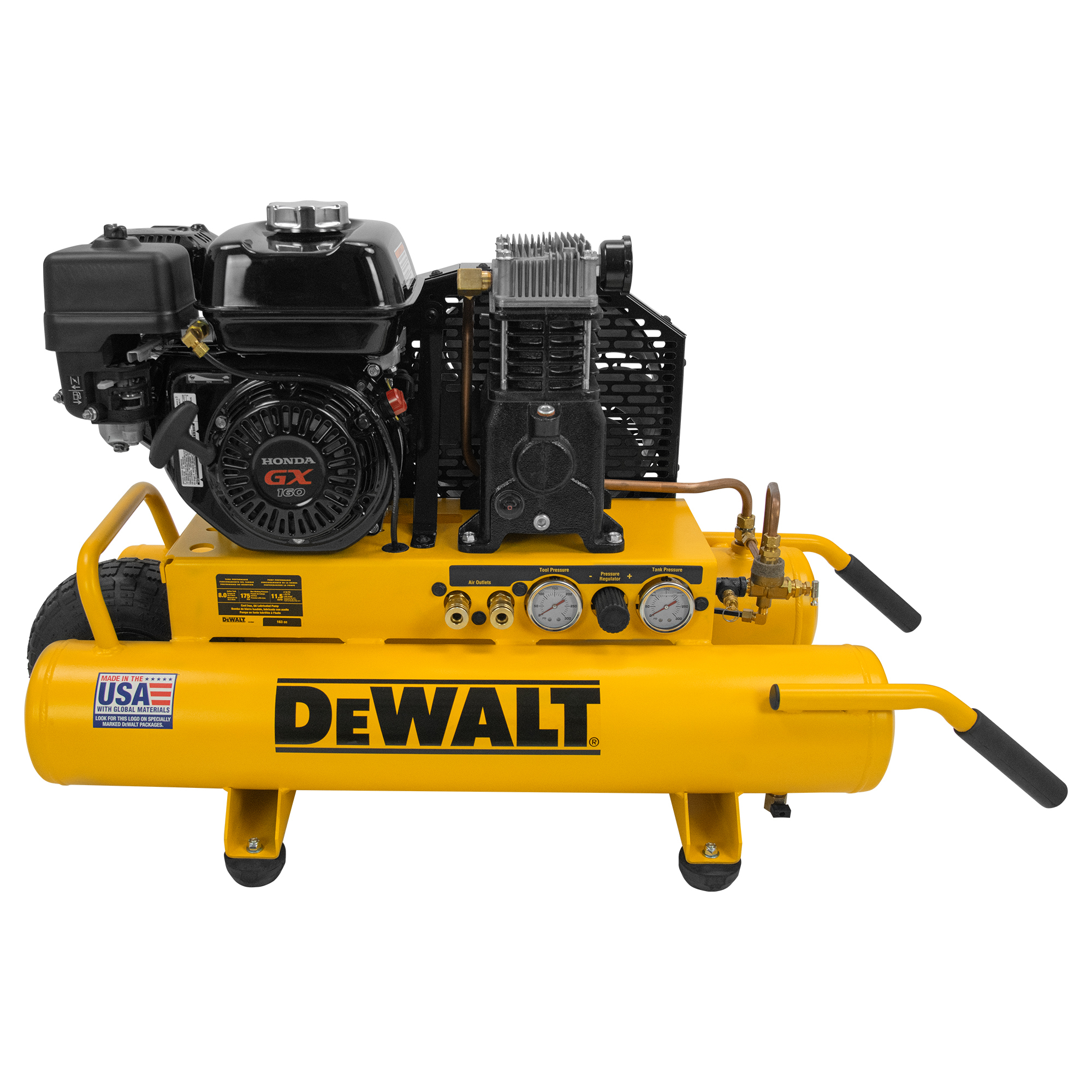 DEWALT Wheelbarrow Air Compressor, Honda GX160 Gas Engine, 8 Gallon, Model# DXCM081